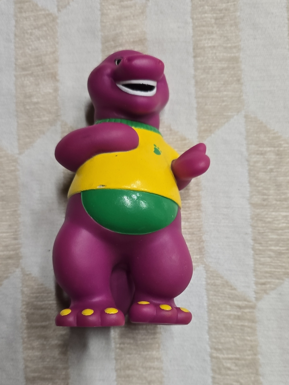 Barney Purple Dinosaur Figure Toy with Yellow Shirt and Green Belly
